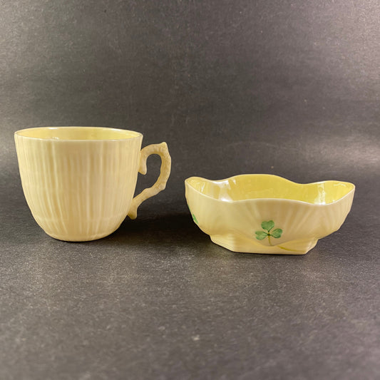 Vintage Belleek Set of 2  demitasse cup  & small Pin Dish with Shamrock design