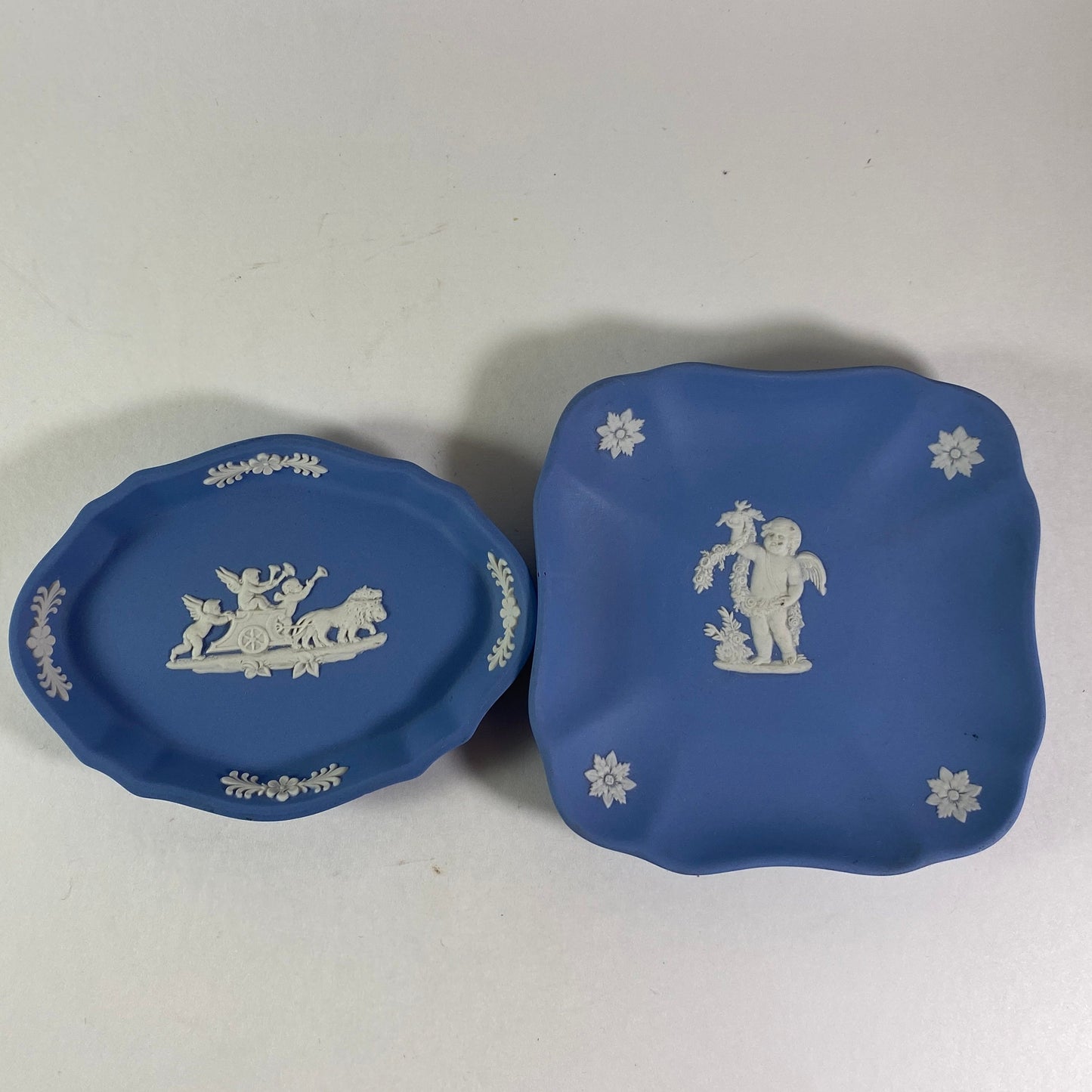 2 Wedgwood Blue Jasperware Pin dish trinkets with Cherubs design