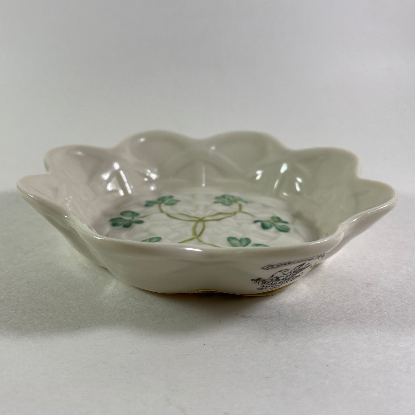 Vintage Belleek Ireland Shamrock Scalloped embossed candy sweet dish