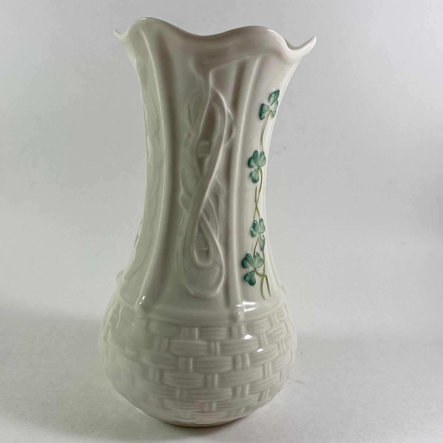 Belleek 7"  Kells Vase Basket weave Shamrocks scalloped edge  brown mark