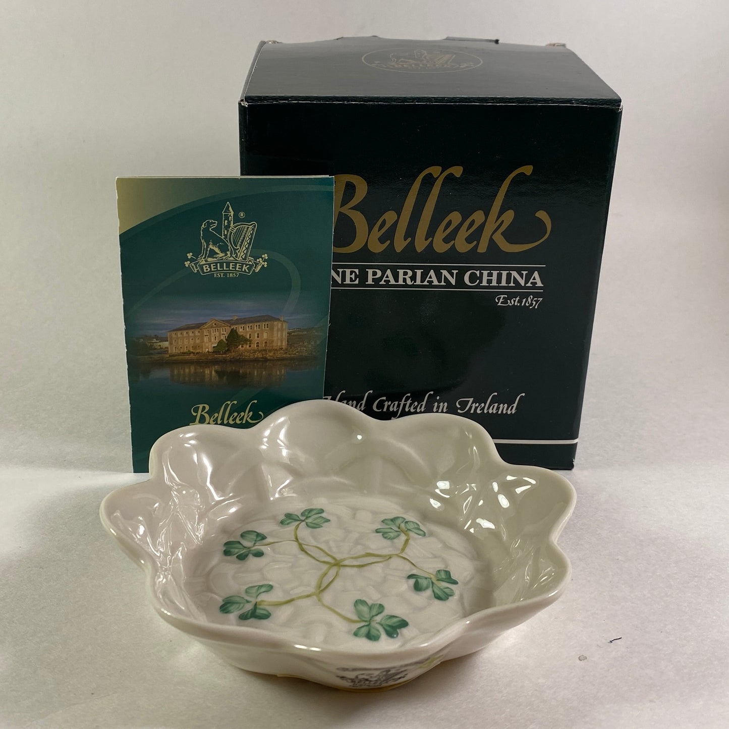 Vintage Belleek Ireland Shamrock Scalloped embossed candy sweet dish