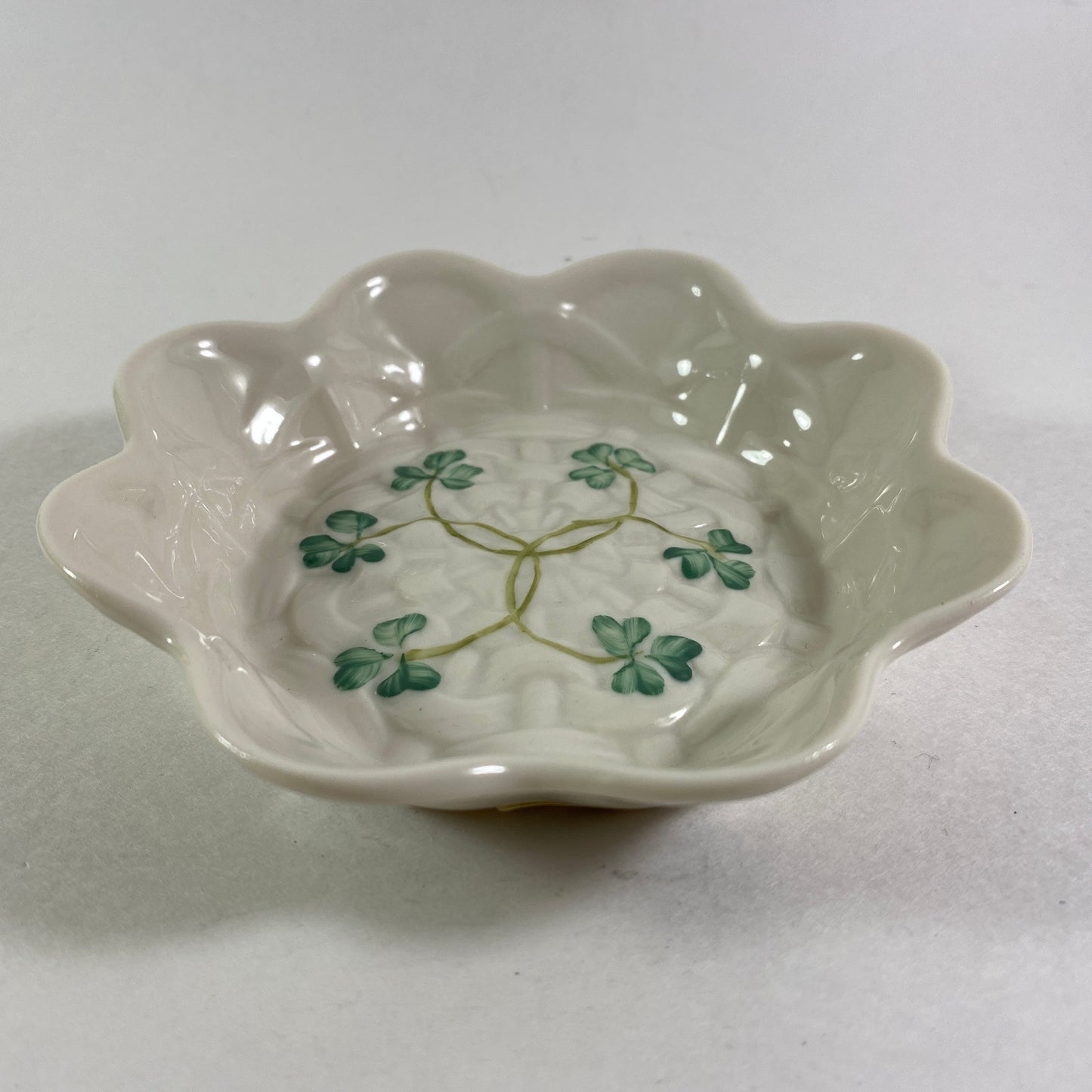 Vintage Belleek Ireland Shamrock Scalloped embossed candy sweet dish