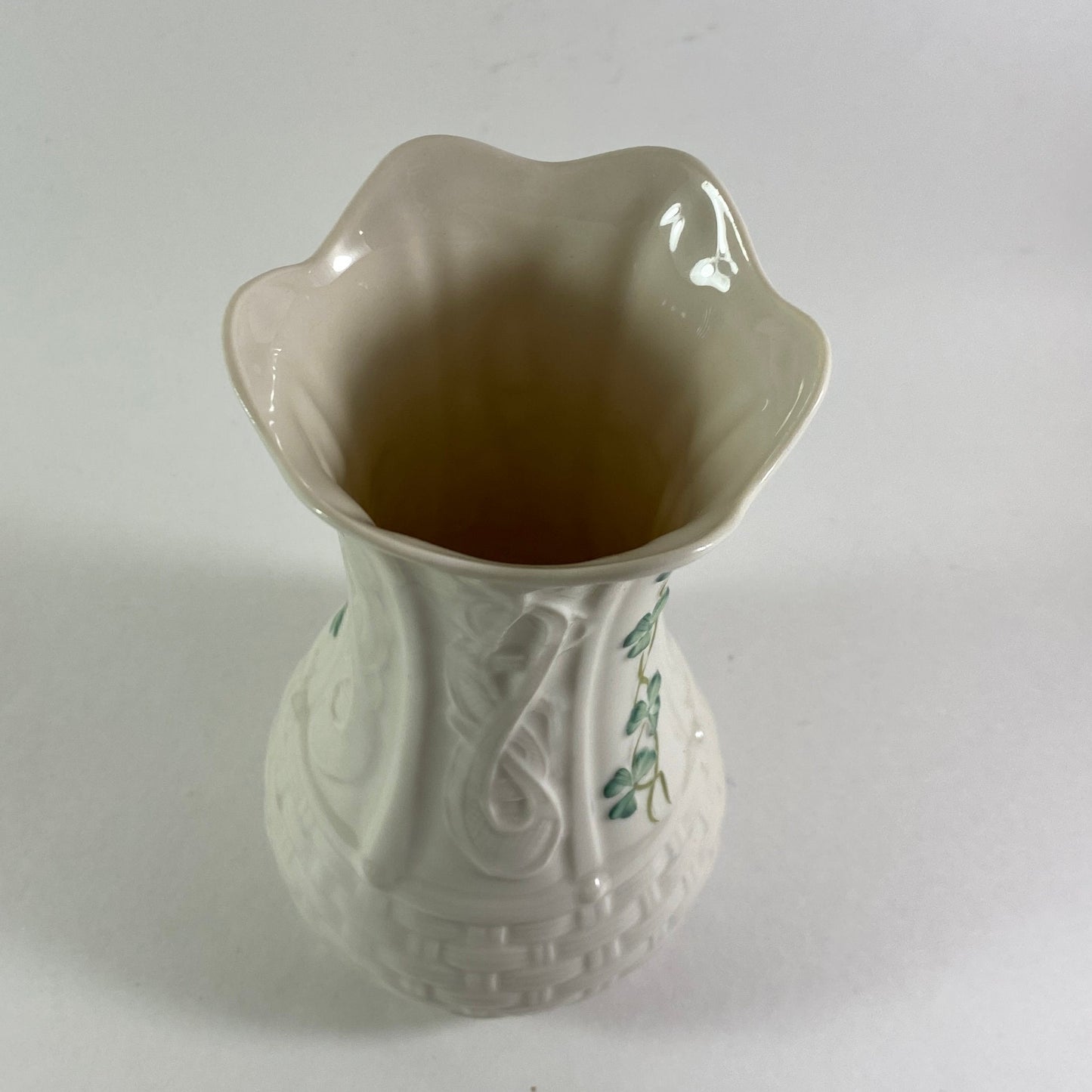 Belleek 7"  Kells Vase Basket weave Shamrocks scalloped edge  brown mark