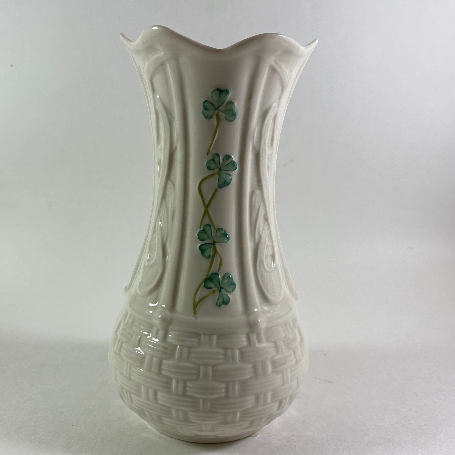 Belleek 7"  Kells Vase Basket weave Shamrocks scalloped edge  brown mark