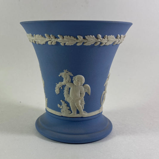 Wedgwood Blue Jasperware cherub design trumpet Vase