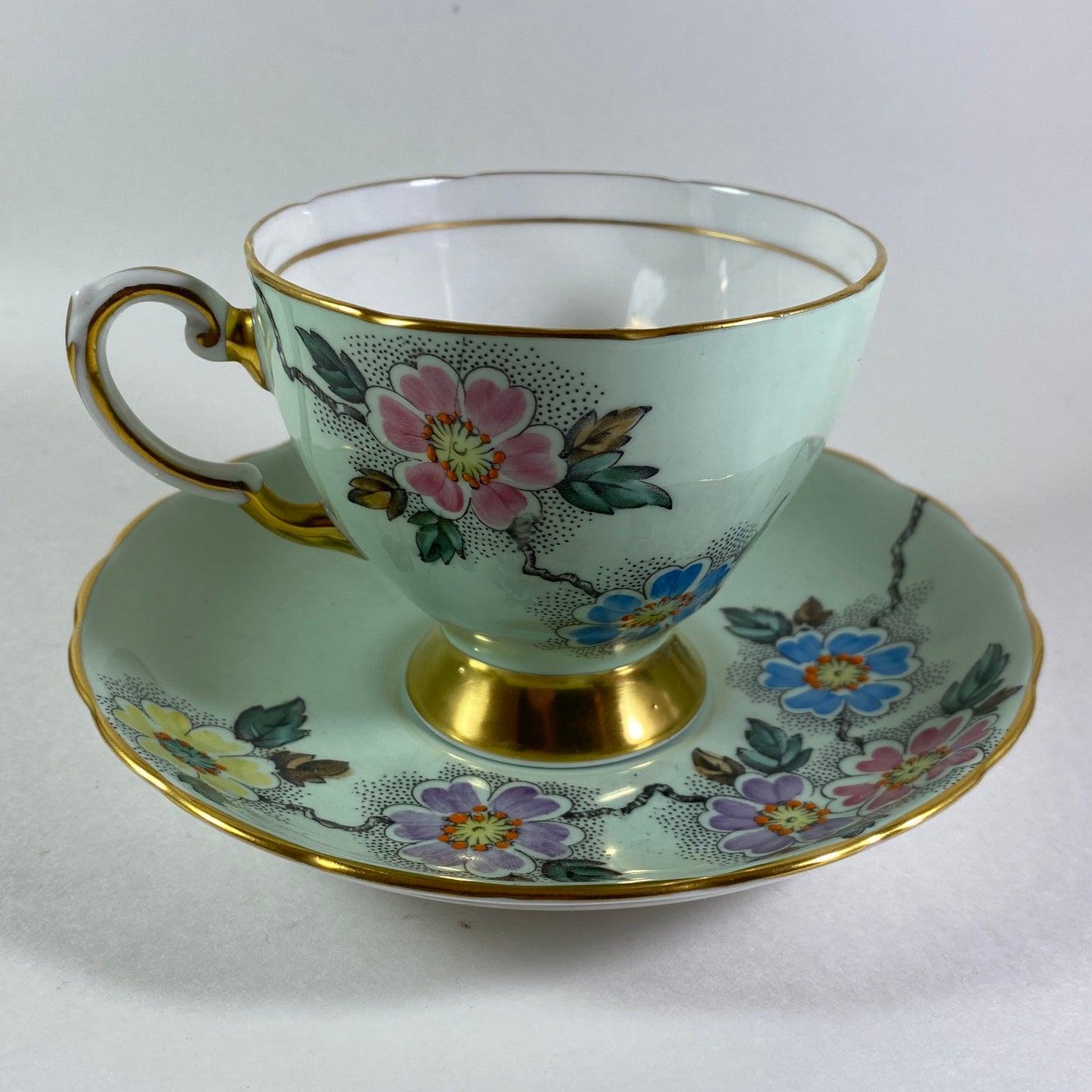 Vintage Tuscan Tea Cup, Mint Green Floral, Hand Painted