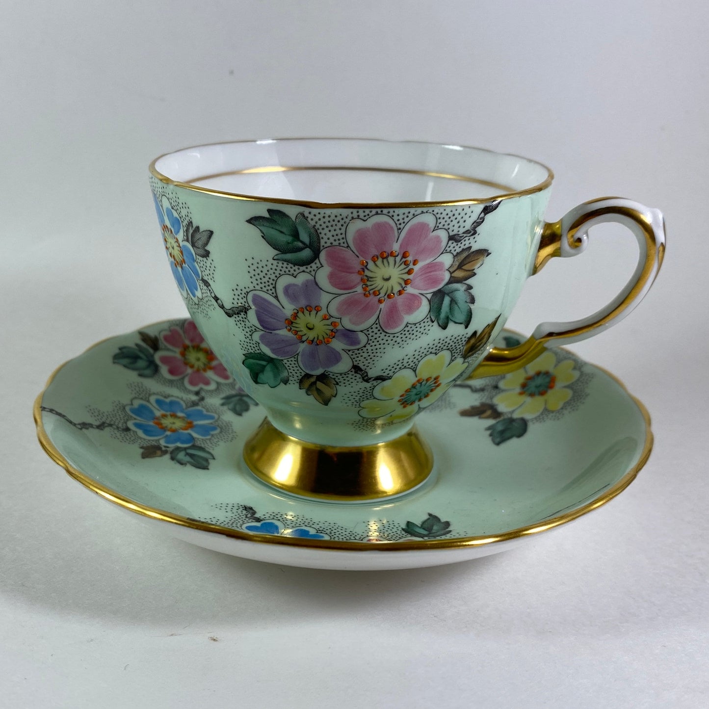 Vintage Tuscan Tea Cup, Mint Green Floral, Hand Painted