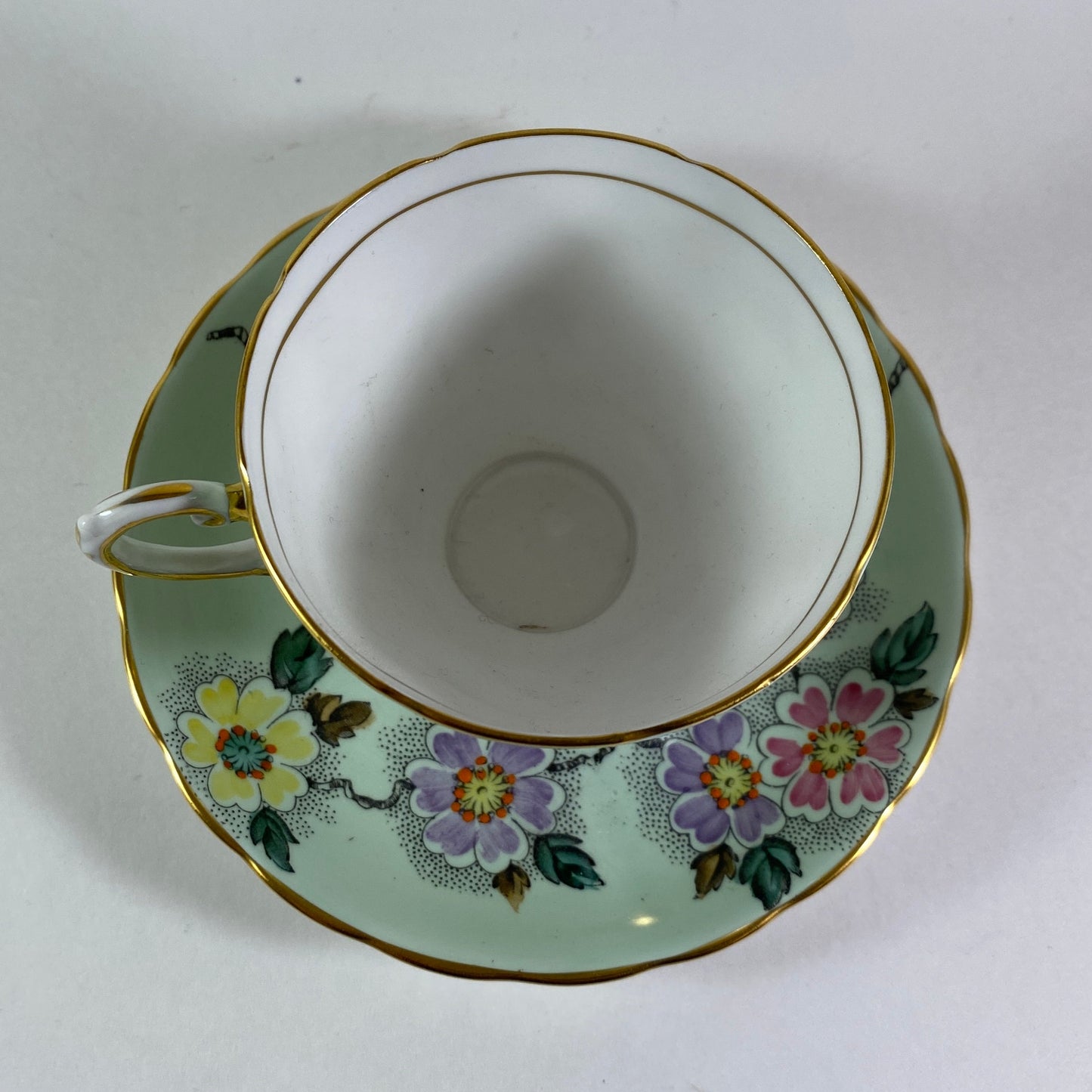 Vintage Tuscan Tea Cup, Mint Green Floral, Hand Painted