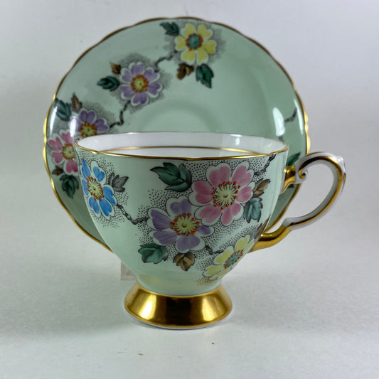 Vintage Tuscan Tea Cup, Mint Green Floral, Hand Painted