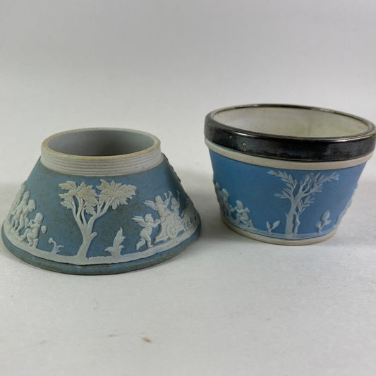 Antique Wedgwood Blue Jasperware set of 2 salt cellars salt pigs