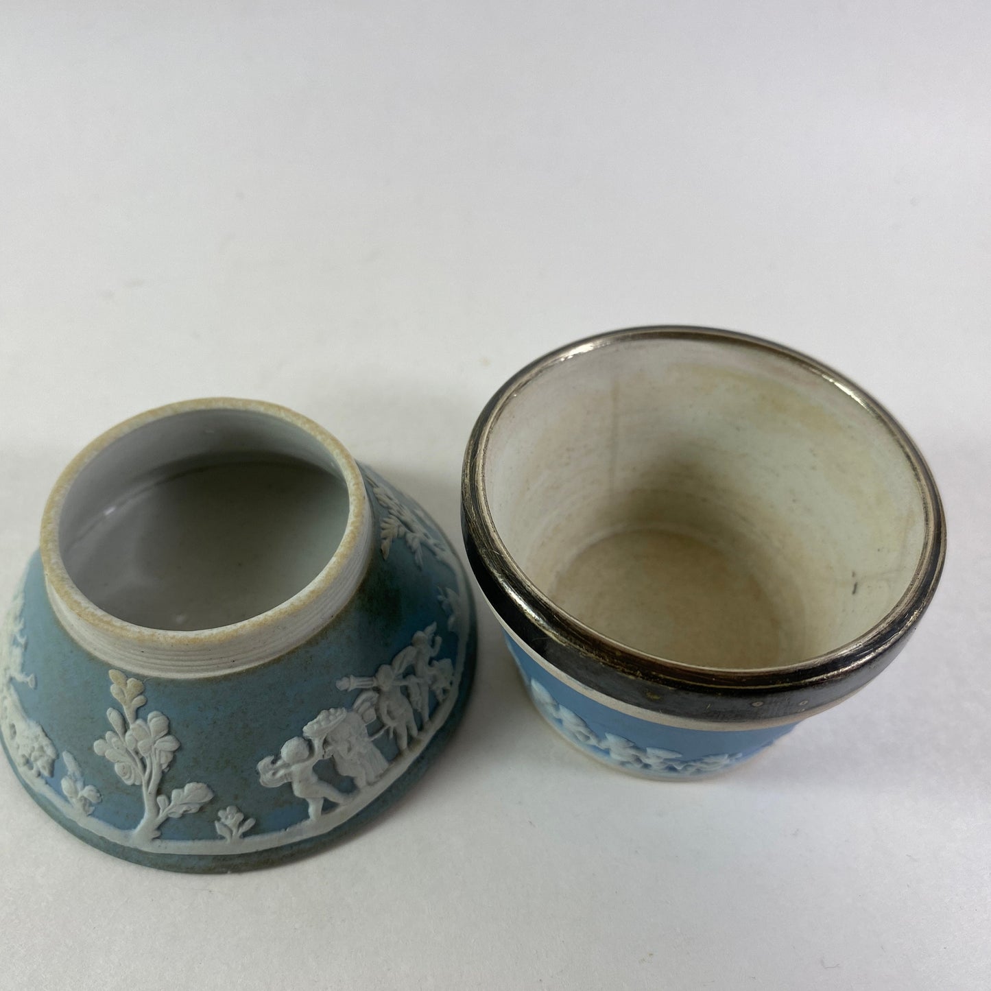 Antique Wedgwood Blue Jasperware set of 2 salt cellars salt pigs