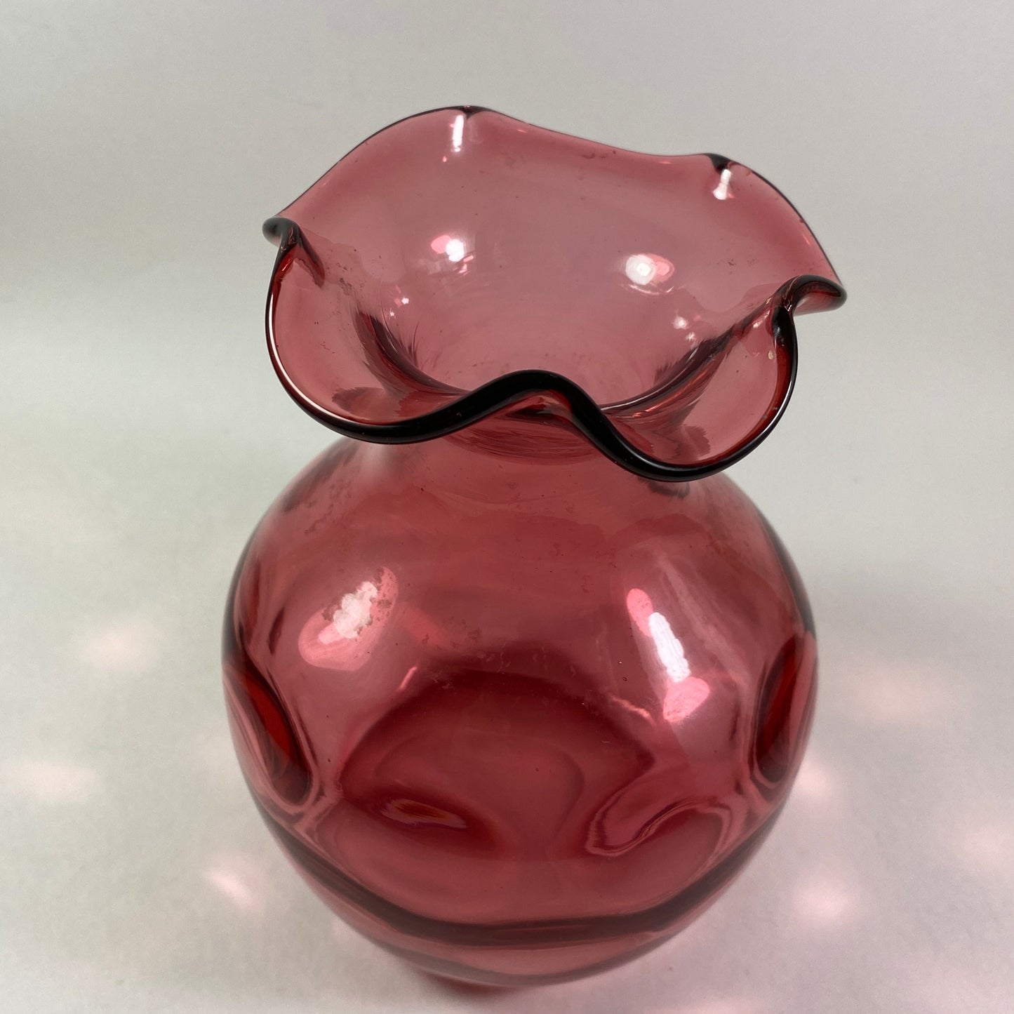 Vintage Cranberry dimpled ruffled edges round vase