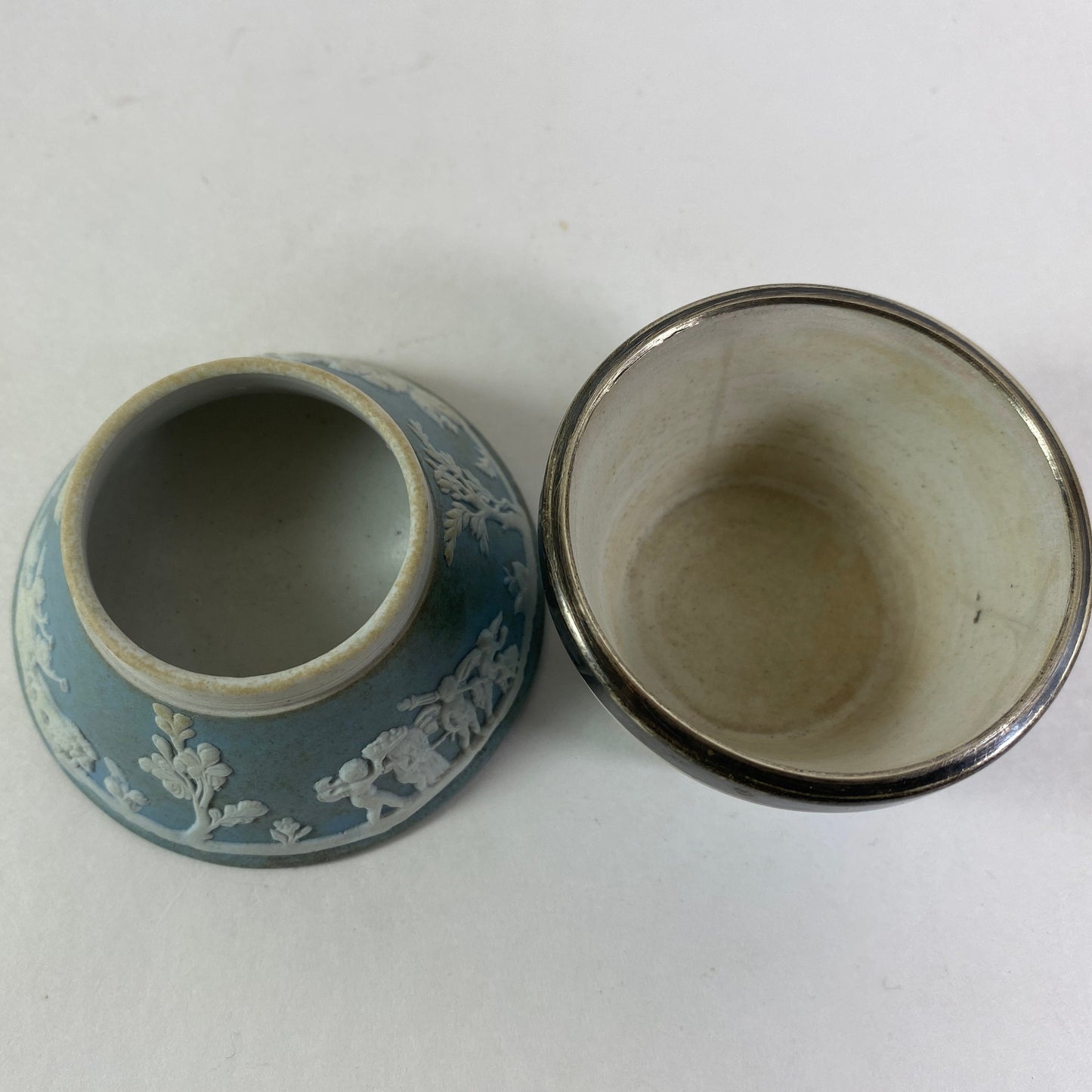 Antique Wedgwood Blue Jasperware set of 2 salt cellars salt pigs