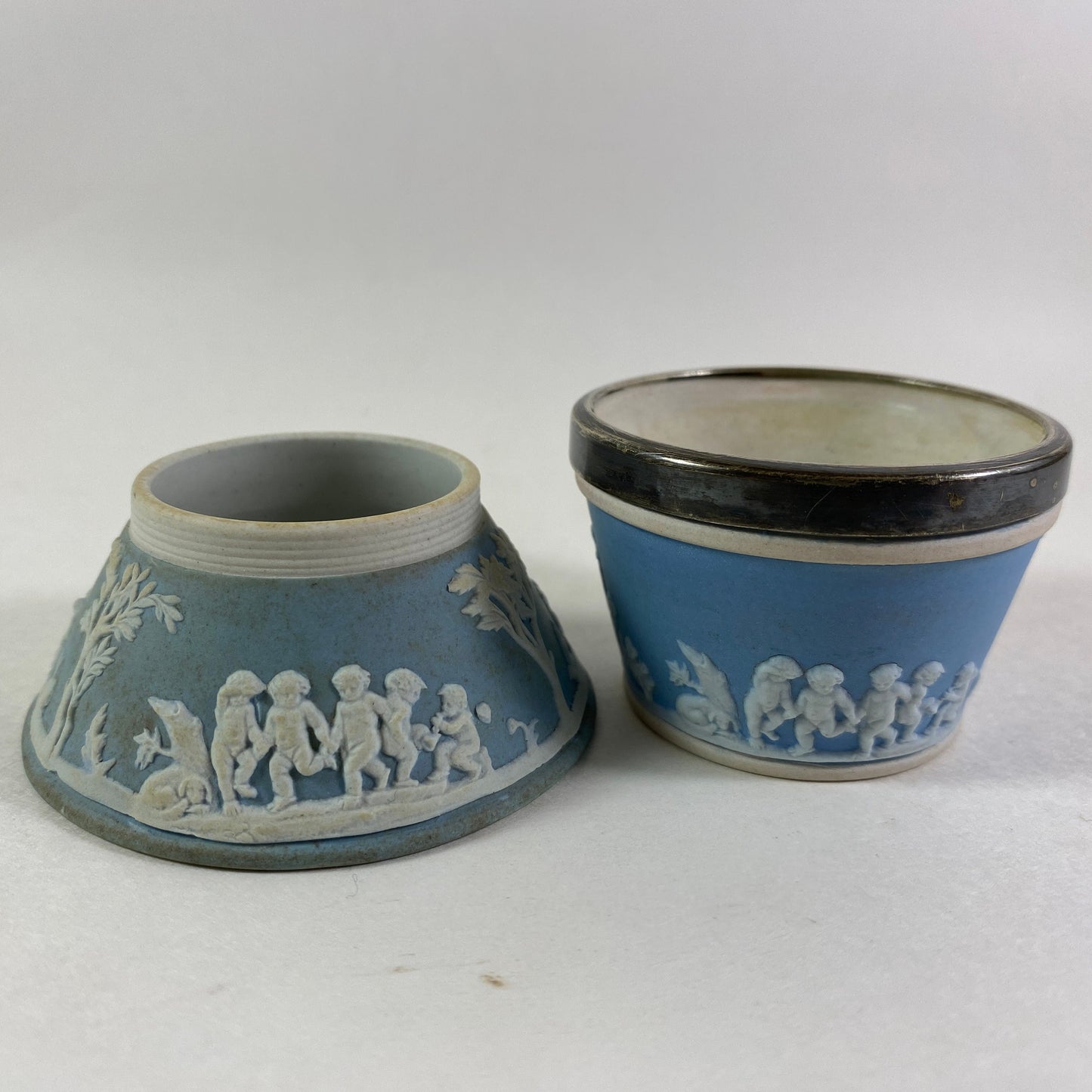 Antique Wedgwood Blue Jasperware set of 2 salt cellars salt pigs