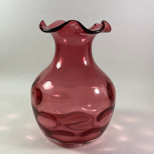 Vintage Cranberry dimpled ruffled edges round vase
