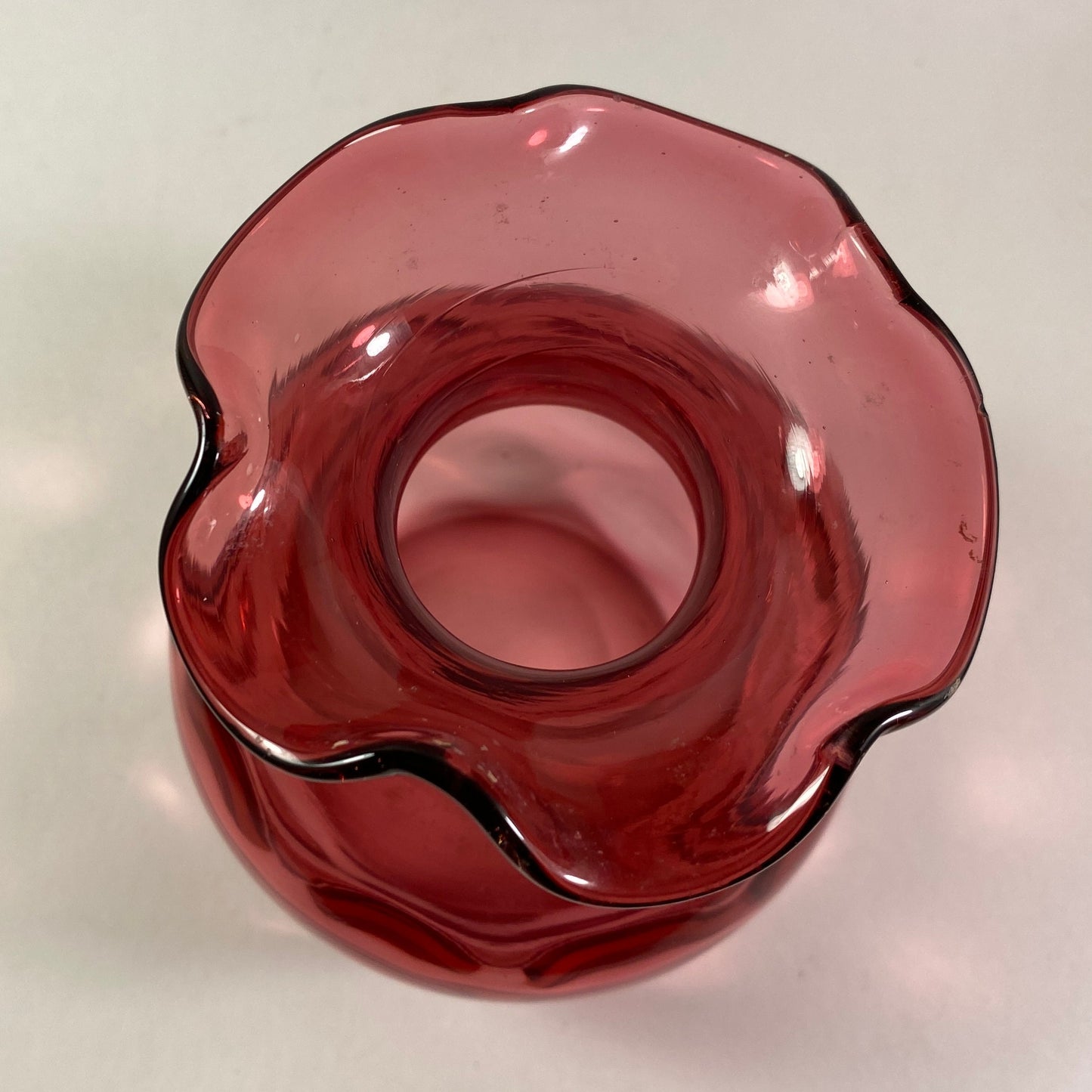 Vintage Cranberry dimpled ruffled edges round vase