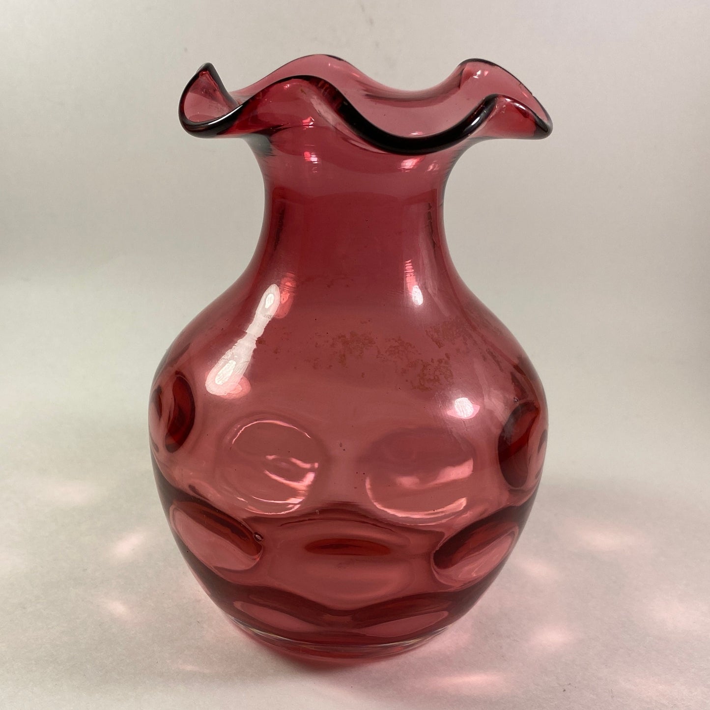 Vintage Cranberry dimpled ruffled edges round vase