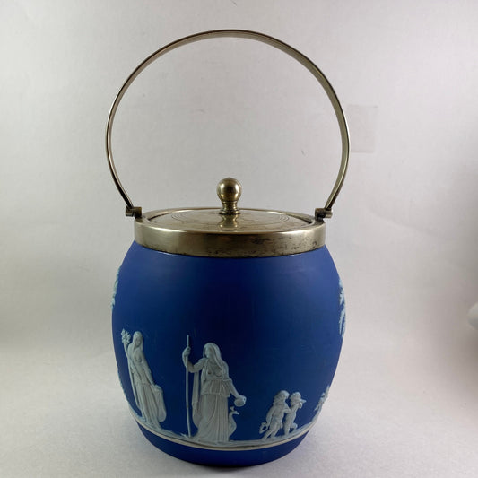 Antique Wedgwood Blue Jasperware Biscuit Barrel with silver lid