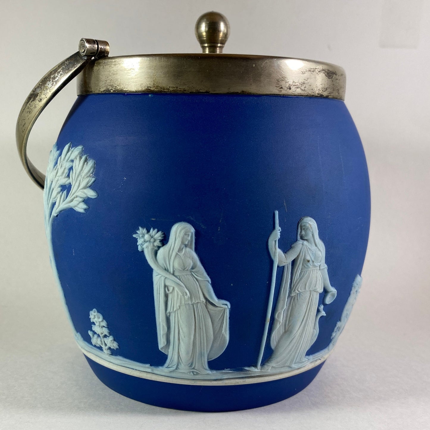 Antique Wedgwood Blue Jasperware Biscuit Barrel with silver lid