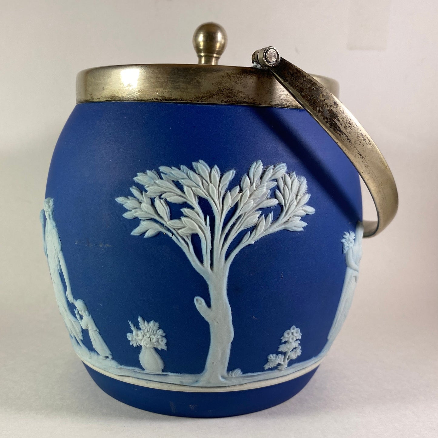 Antique Wedgwood Blue Jasperware Biscuit Barrel with silver lid