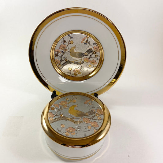 Set of Japanese Chokin bird Plate With 24k Gold Trim 7.75" and matching trinket