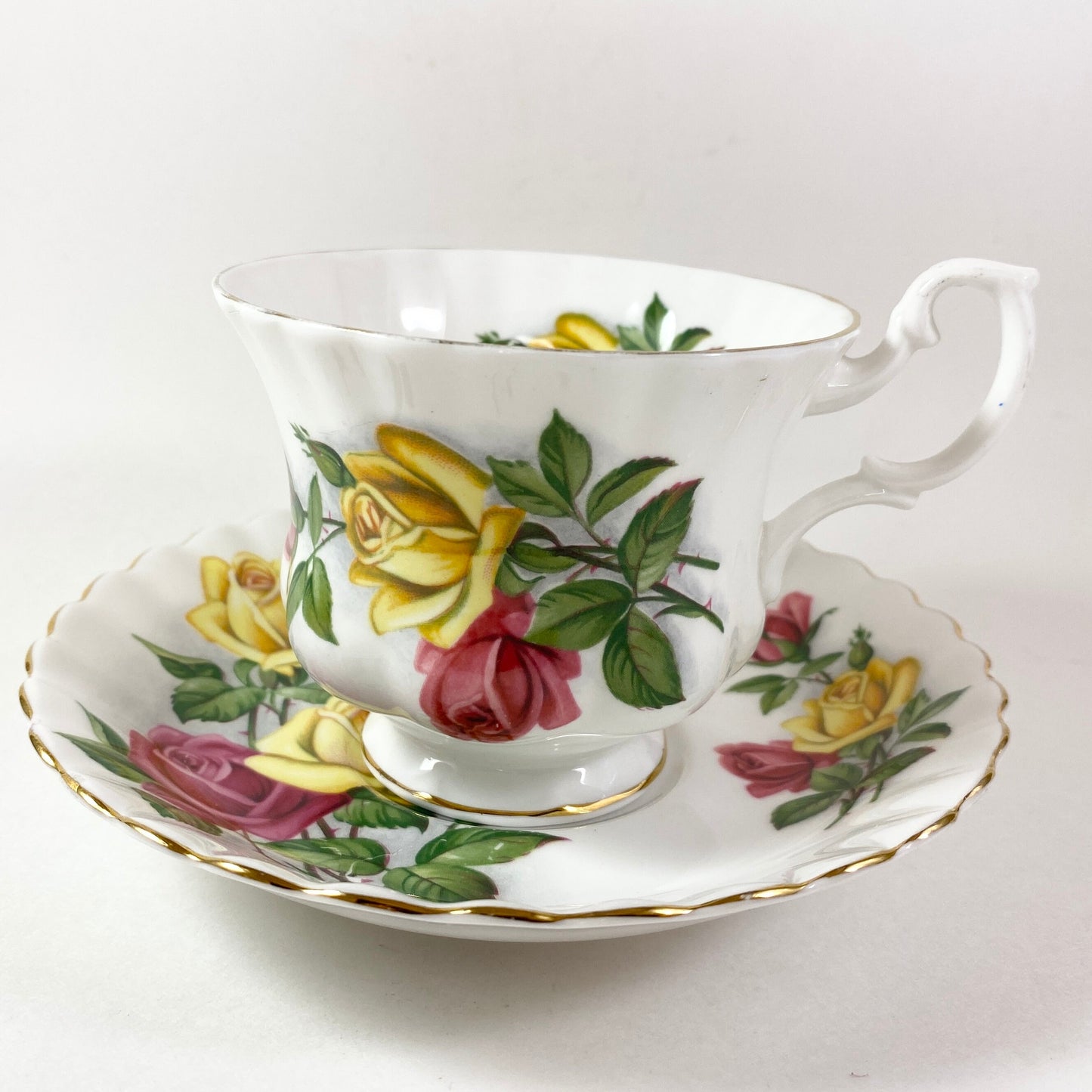 Royal Albert pretty cabbage Red and Yellow roses bone china teacup and saucer