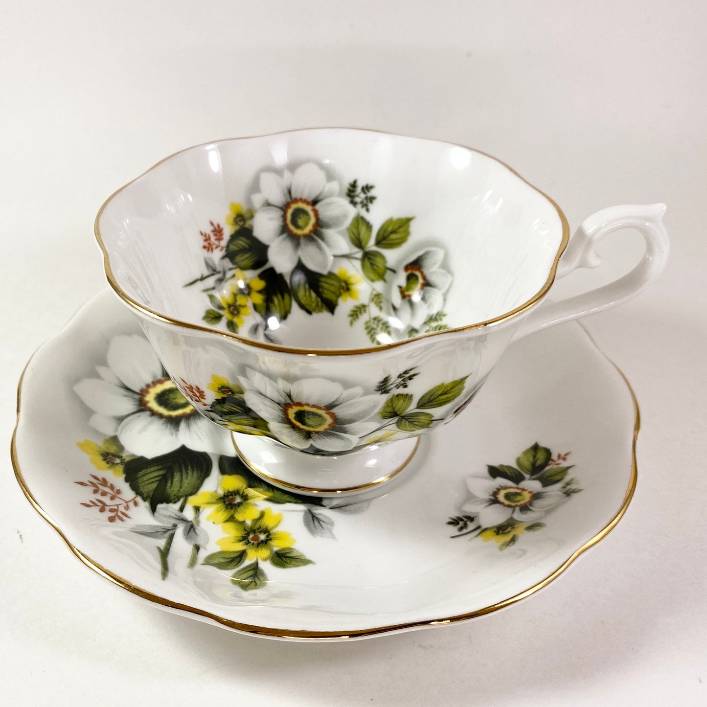 RARE Royal Albert wide mouthed white and Yellow floral bone china teacup & saucer