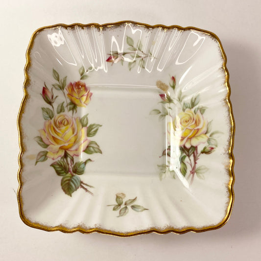 RARE  Paragon Peace Rose Square Candy Bon Bon Nut Ring Dish Gold Rim MINT
