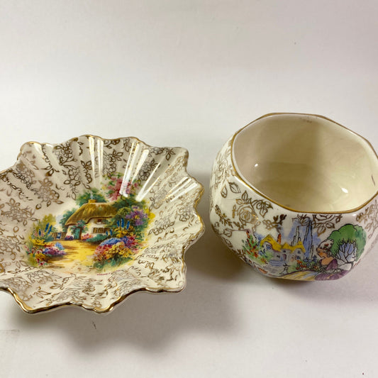 Set of two James Kent sugar bowl H&K Tunstall chintz nut dish pin dish