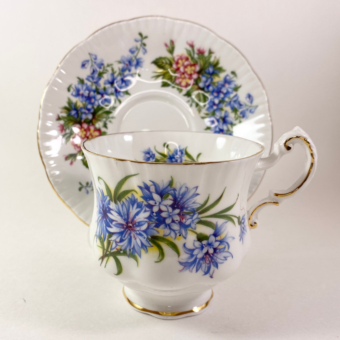 Paragon Floral Teacup and Saucer Set, Purple Blue Flowers, Made in England