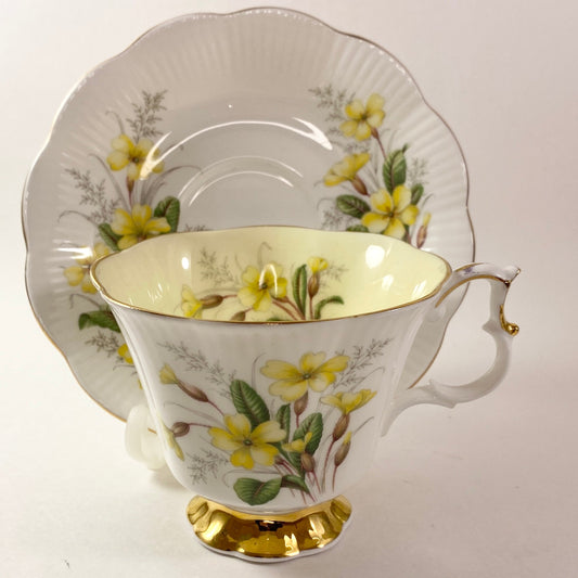 RARE!! Royal Albert Friendship Primrose yellow interior footed Tea Cup &Saucer