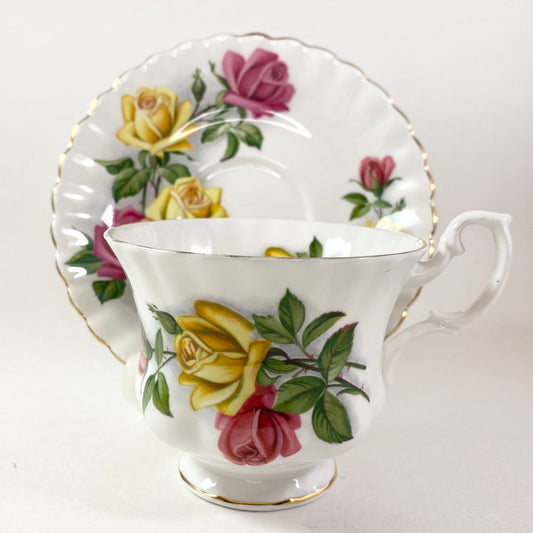 Royal Albert pretty cabbage Red and Yellow roses bone china teacup and saucer