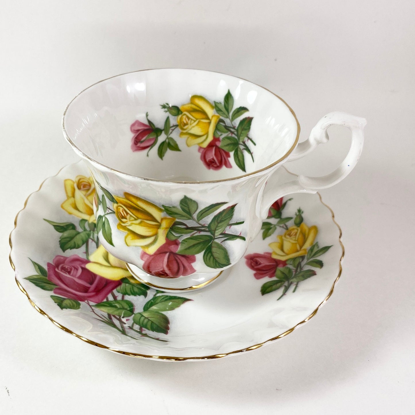 Royal Albert pretty cabbage Red and Yellow roses bone china teacup and saucer