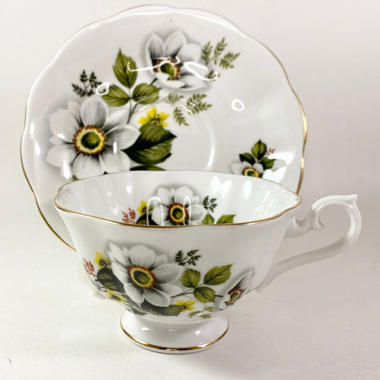 RARE Royal Albert wide mouthed white and Yellow floral bone china teacup & saucer