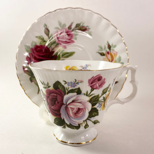 Royal Albert Red, Pink yellow cabbage roses teacup and saucer