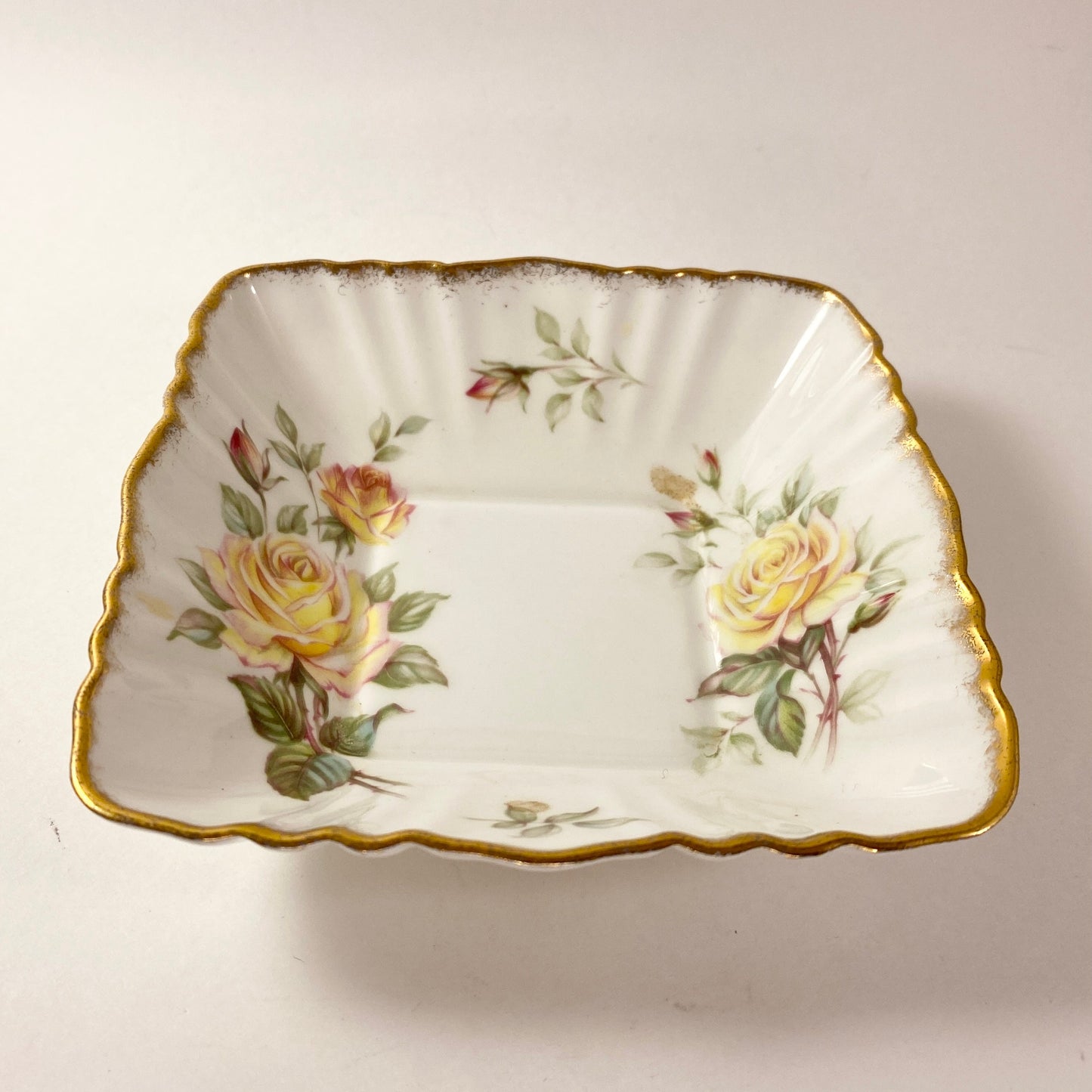 RARE  Paragon Peace Rose Square Candy Bon Bon Nut Ring Dish Gold Rim MINT