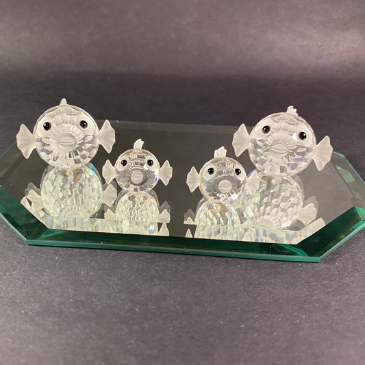 RARE !! Swarovski Puffer fish family austrian crystals with display mirror