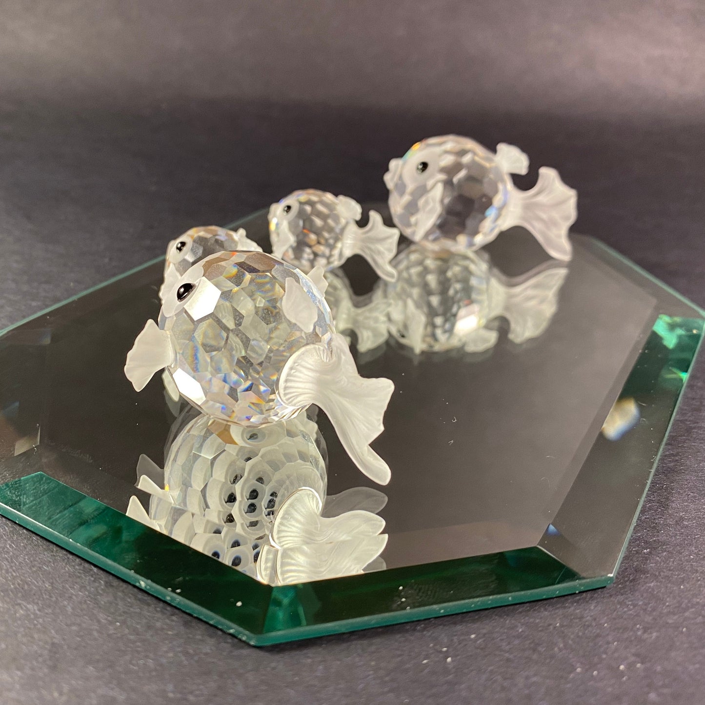 Set of 4 Swarovski Puffer fish family Austrian crystals with display mirror