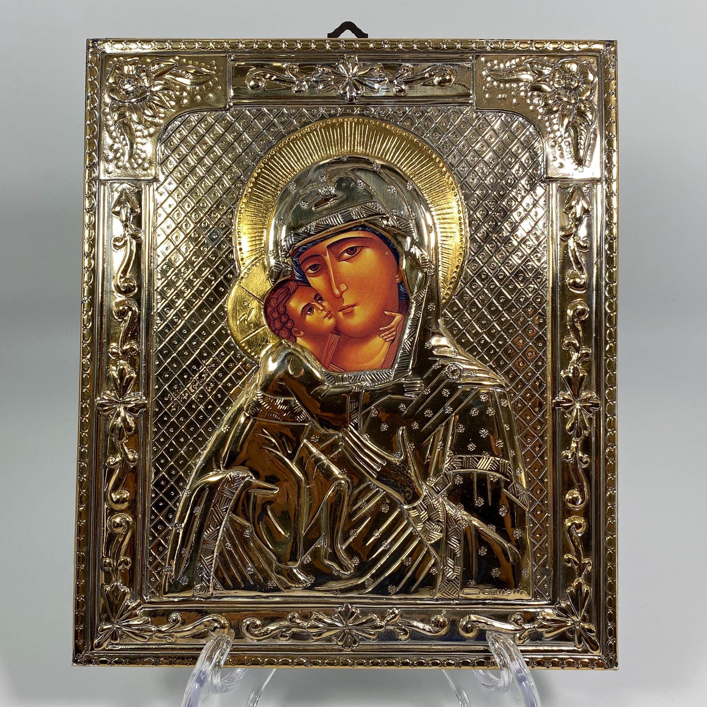 Greek Byzantine Virgin Mary with Baby Jesus silver & gold plated 8.5X7.25 inches