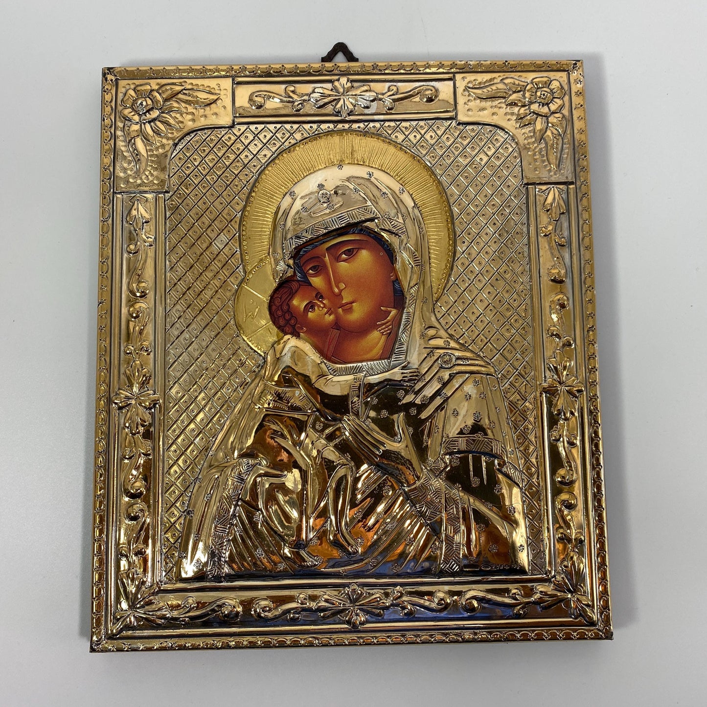 Greek Byzantine Virgin Mary with Baby Jesus silver & gold plated 8.5X7.25 inches