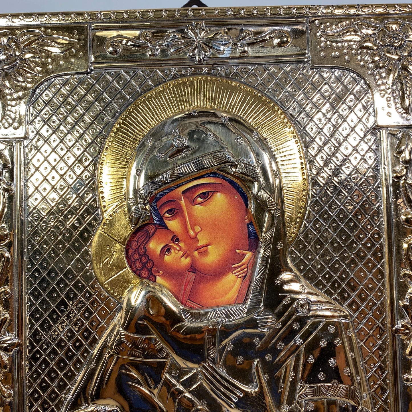 Greek Byzantine Virgin Mary with Baby Jesus silver & gold plated 8.5X7.25 inches