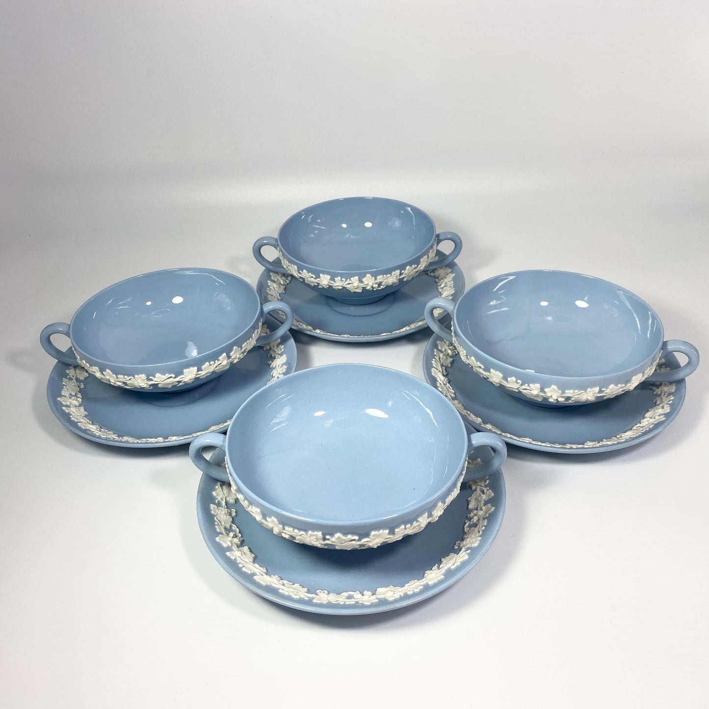 1950s Wedgwood Queens ware  Cream Soup Bowls & Saucers Cream On Lavender Blue