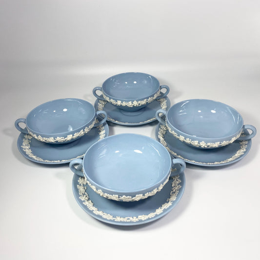 1950s Wedgwood Queens ware  Cream Soup Bowls & Saucers Cream On Lavender Blue