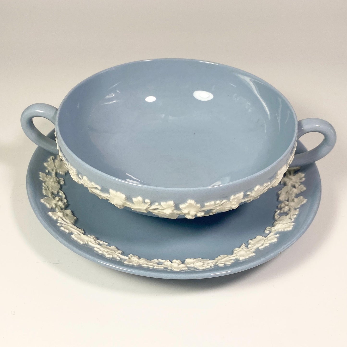 1950s Wedgwood Queens ware  Cream Soup Bowls & Saucers Cream On Lavender Blue