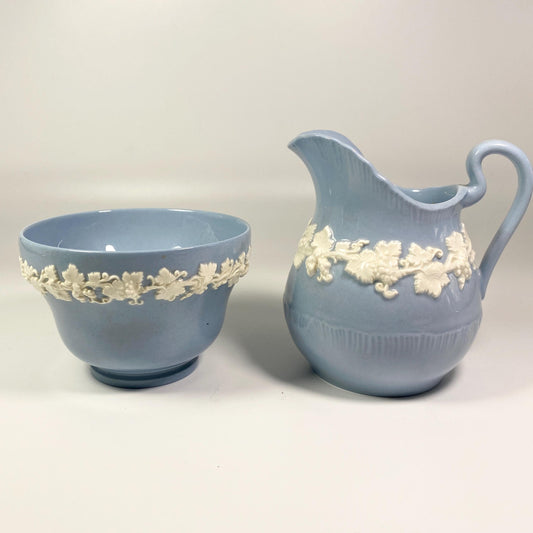 1950s Wedgwood Queensware Embossed Cream On Blue Creamer Sugar Bowl