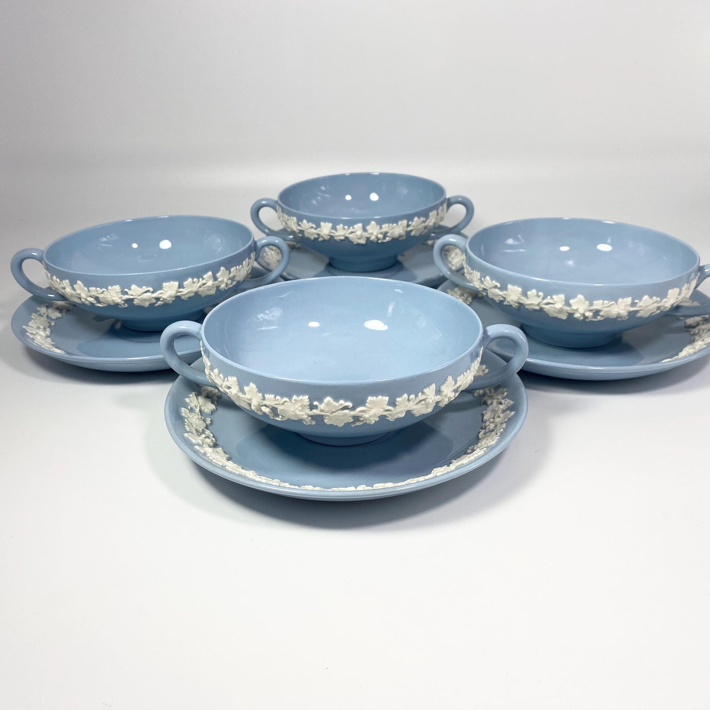 1950s Wedgwood Queens ware  Cream Soup Bowls & Saucers Cream On Lavender Blue