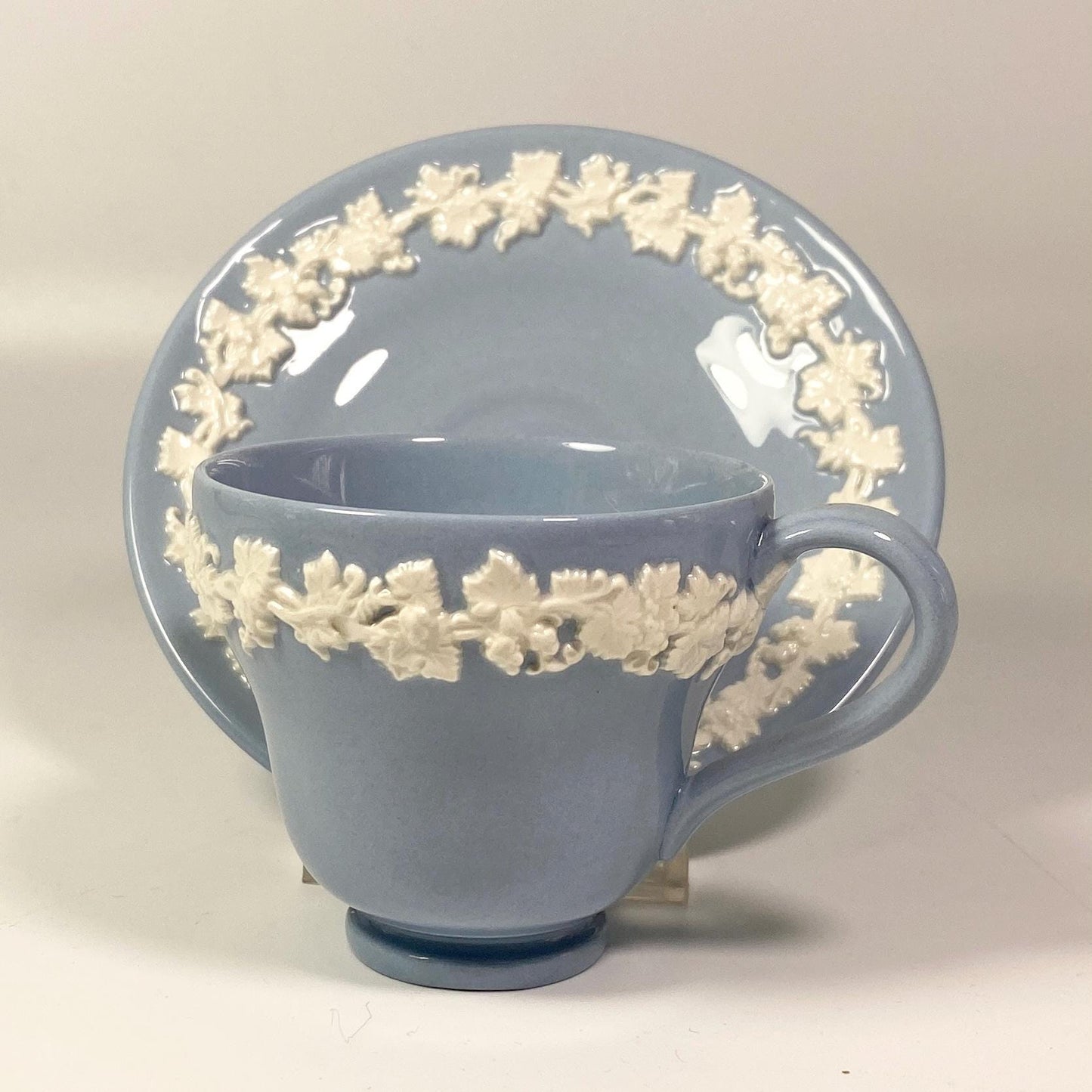 1950s WEDGWOOD QUEENSWARE  Blue on Cream Footed Demitasse small Cup & Saucer