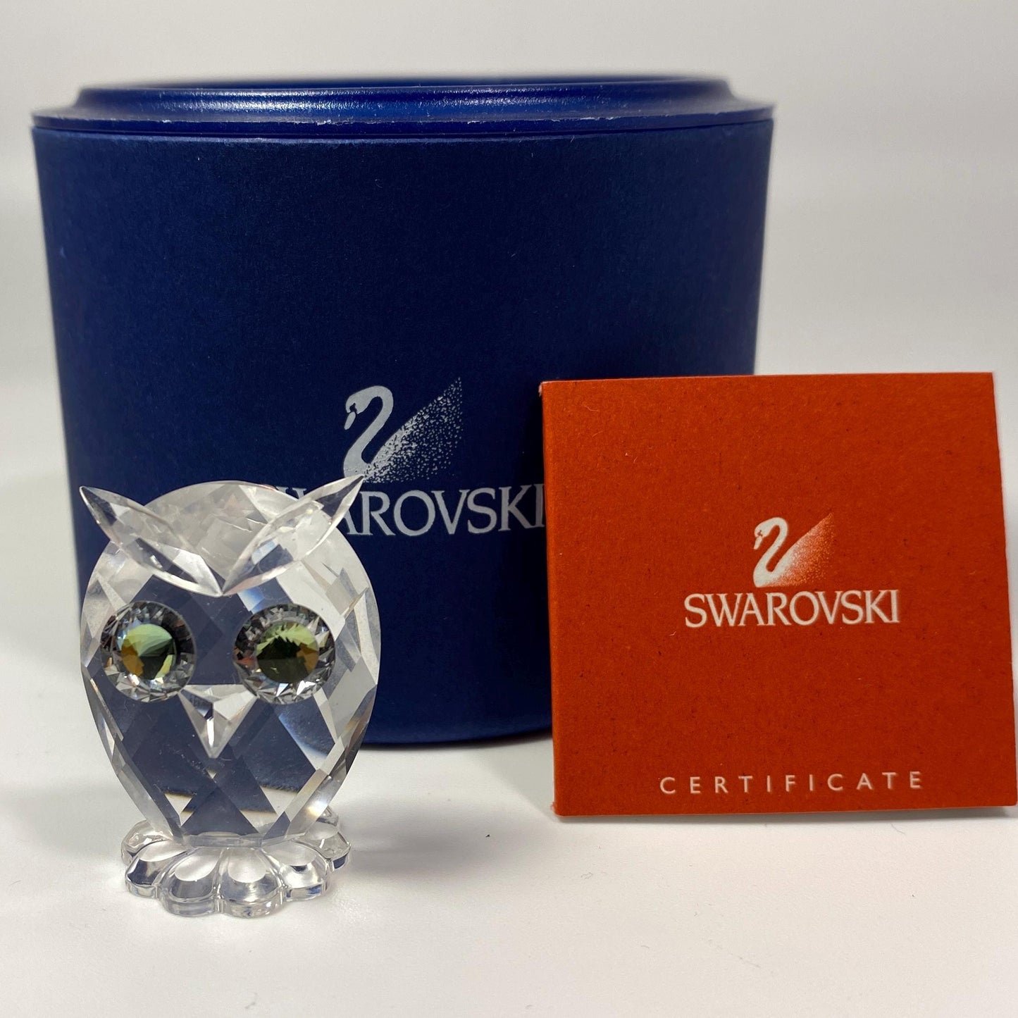 Swarovski Crystal small 1 3/8" Owl Figurine 100143 Green Eyes with Box & CoA