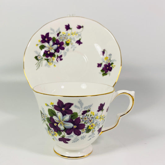 VTG Royal Vale Fine Bone China Tea Cup & Saucer purple gold trim Floral Retro