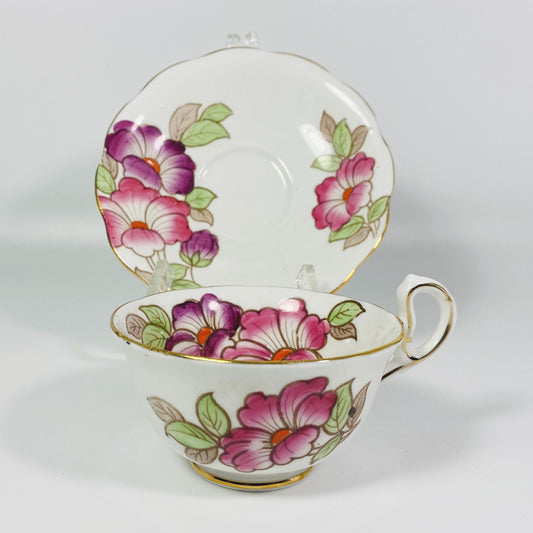 Stunning 1950s made in England Pink floral bone china teacup and saucer